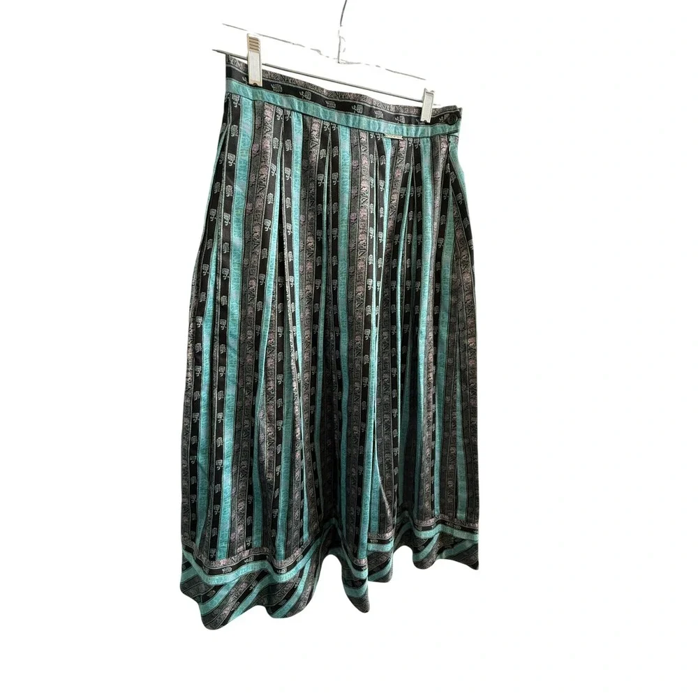 VTG Geiger Teal Black Floral Striped Pleated‎ Cotton Dirndl Skirt Size 40